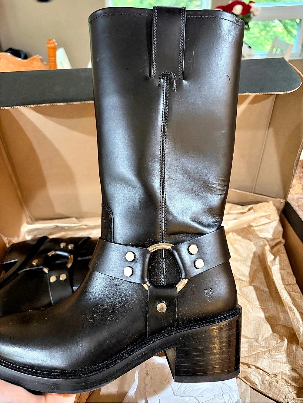 FRYE KATE HARNESS 41445 Black Leather Tall Heeled Boots Size US 9M